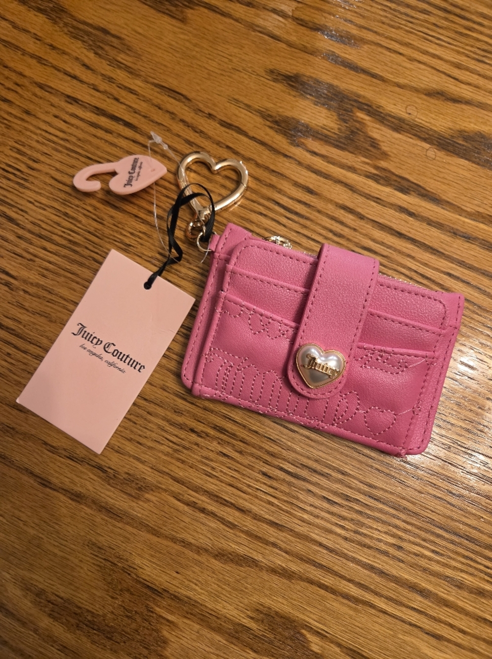 Juicy Couture Pink Quilted Card Case Wallet with Heart Charm
